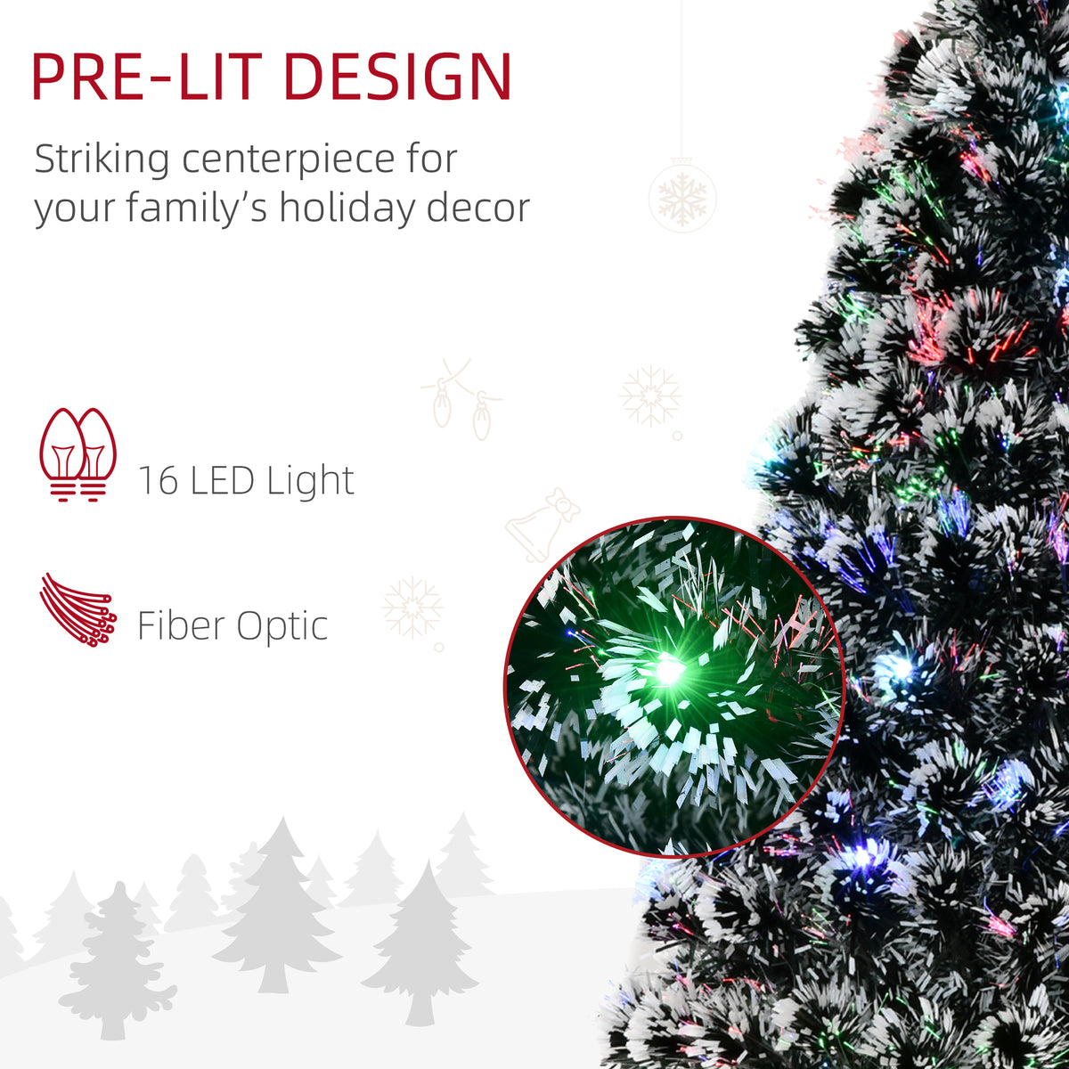 HOMCOM 4ft Artificial Prelit Christmas Tree, Snow Xmas Tree with Colourful LED Lighting Fiber Optics, Green White