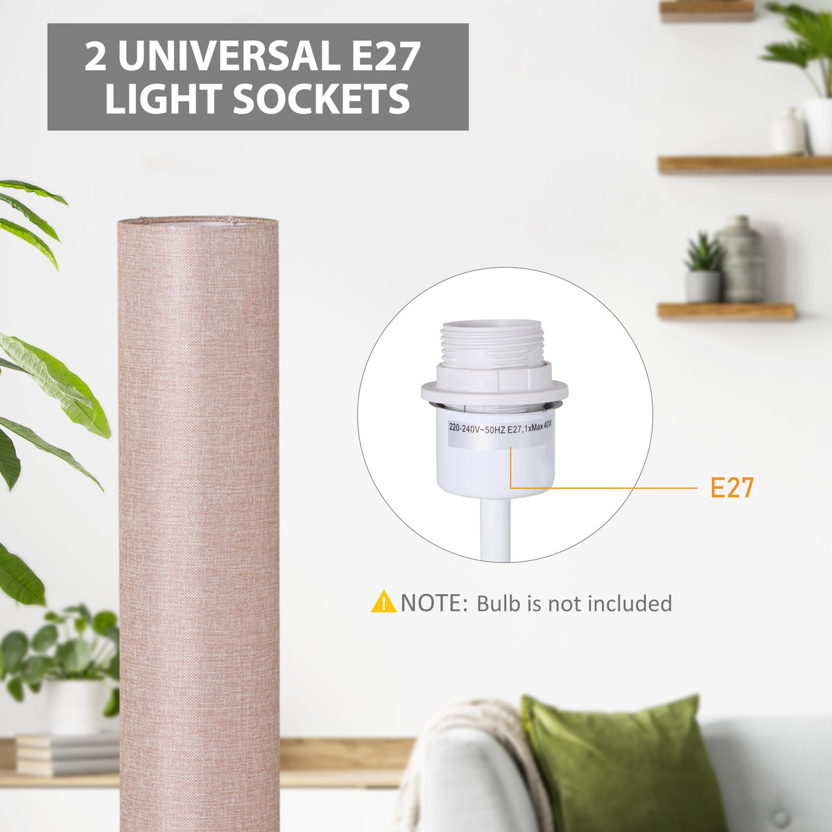HOMCOM floor lamp with linen shade; inset shows its two E27 bulb sockets.
