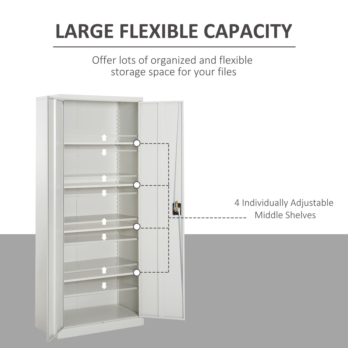 Open white steel filing cabinet showing four adjustable middle shelves