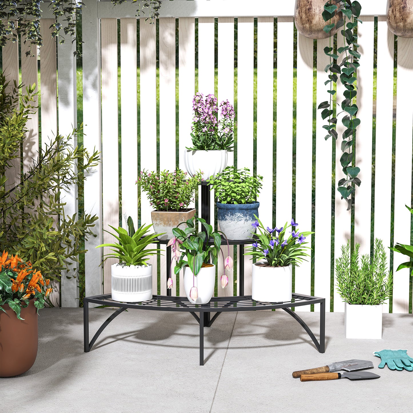 Outsunny Three-Tier Corner Metal Plants Shelves - Black