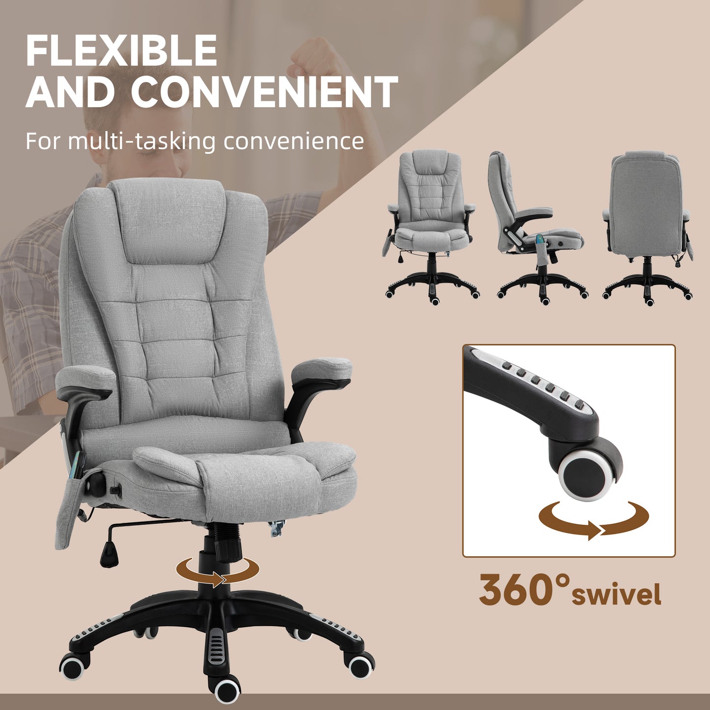 Vinsetto Office Chair, Ergonomic Fabric Desk Chair with 6-Point Massage and Back Heated, Arms, Lumbar Support, Light Grey
