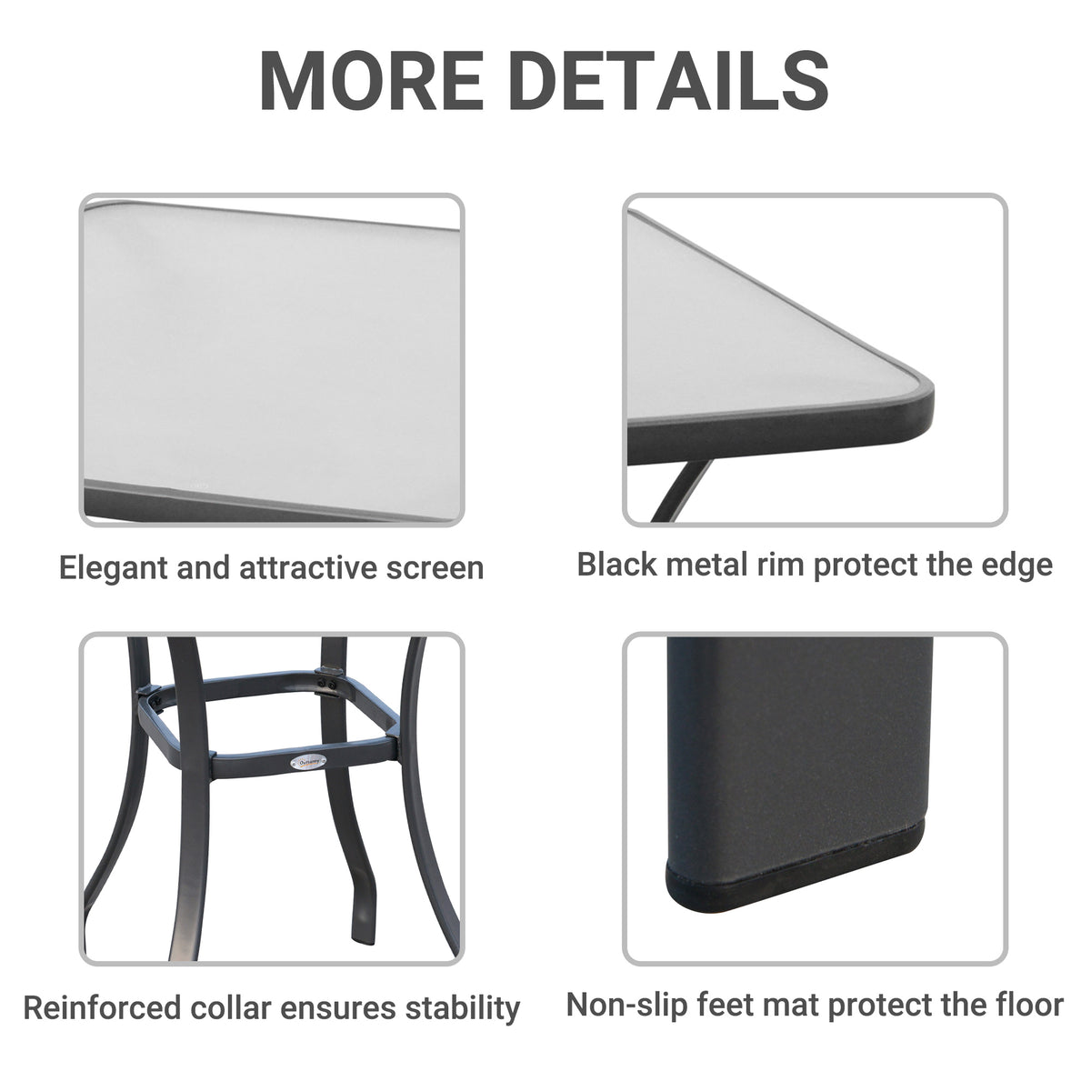 Outsunny table details showing the glass top, protective rim, reinforced frame, and non-slip feet
