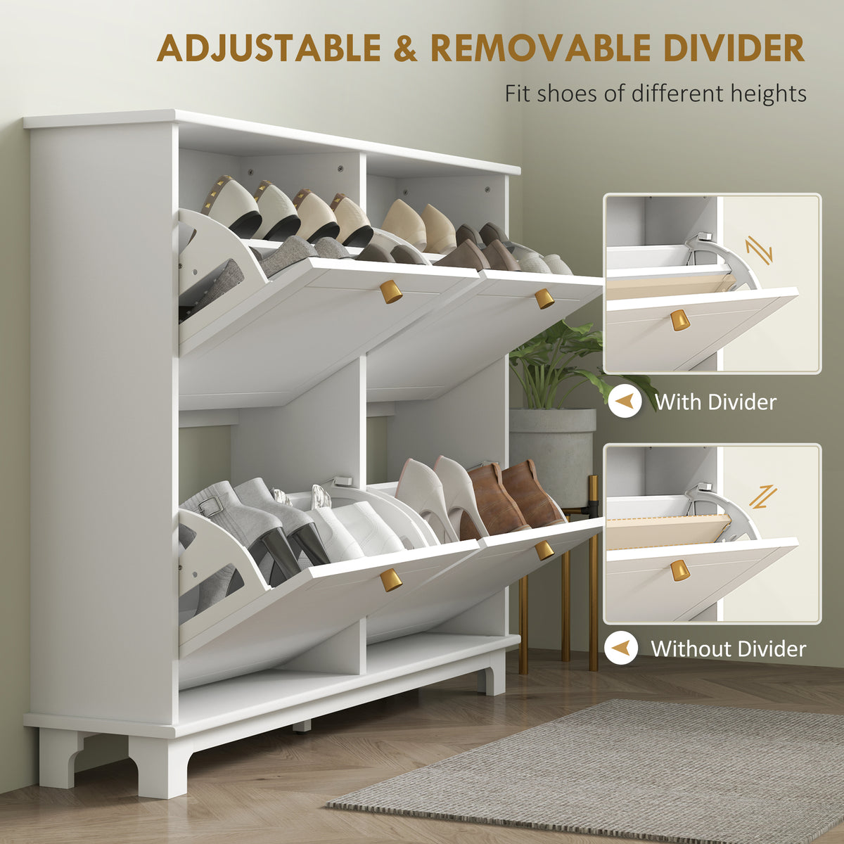 White shoe cabinet with open flip drawers and adjustable, removable dividers