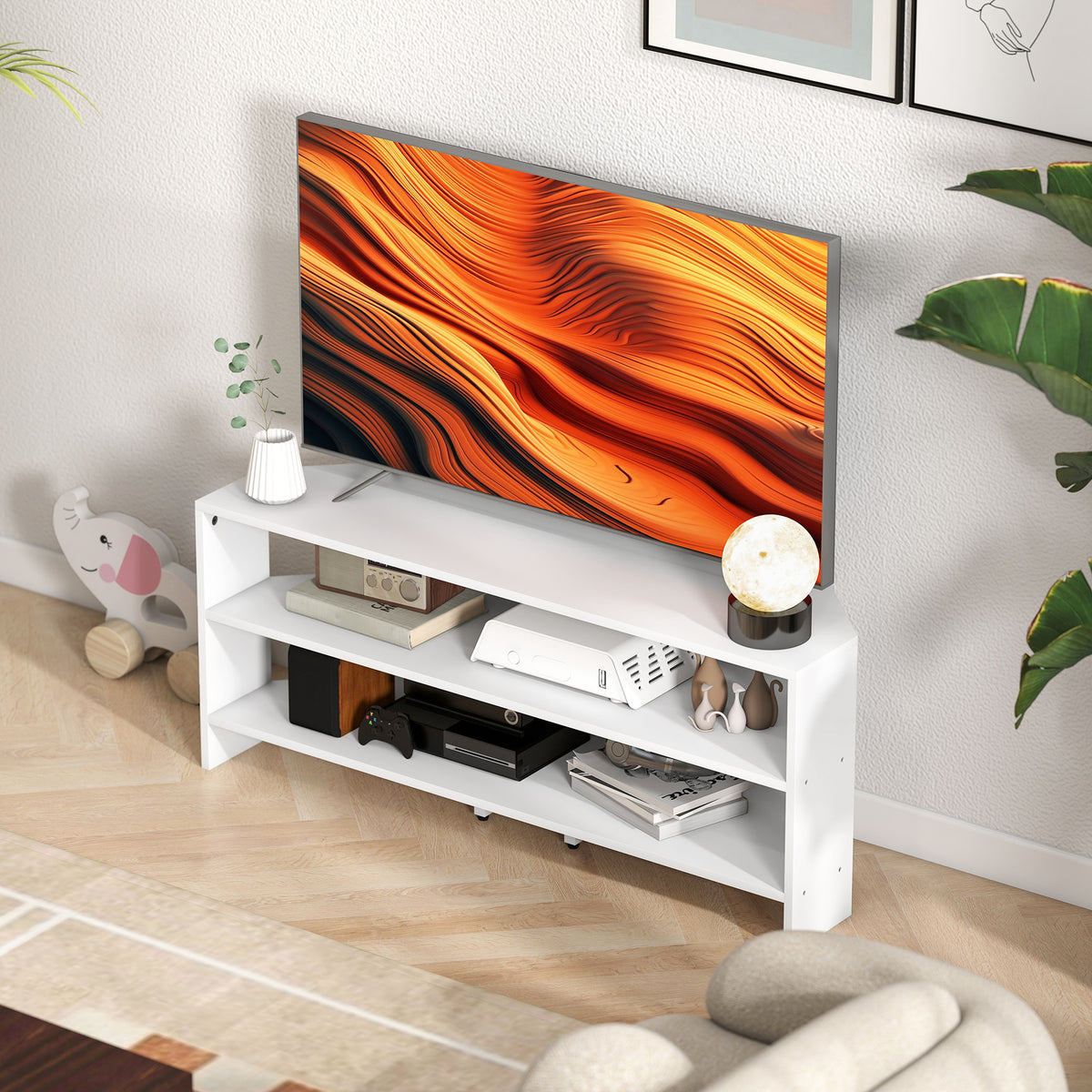 HOMCOM Corner TV Stand with 2 Open Shelves for 47 Inch TV - White