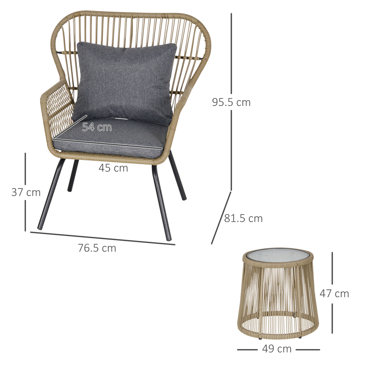 Outsunny 3 Pieces Rattan Bistro Set, Wicker Garden Furniture Set with Cushions, Glass Top Coffee Table and Chairs for Outdoor, Small Garden, Patio, Brown