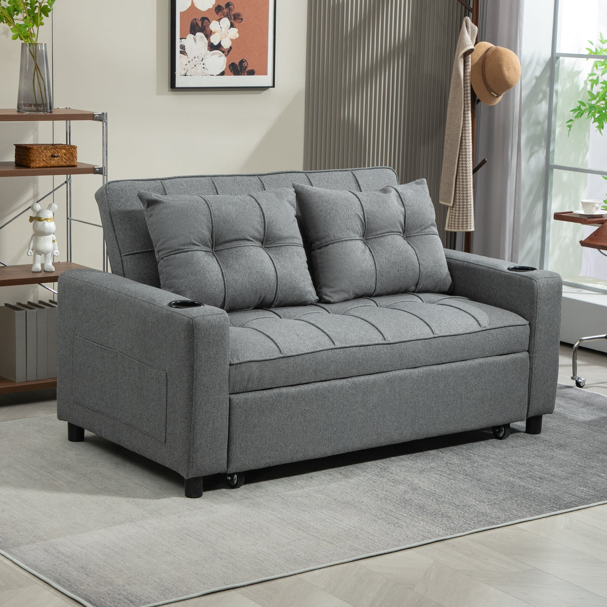 HOMCOM 2 Seater Sofa Bed Pull-Out Sofa Bed for Small Space - Charcoal Grey