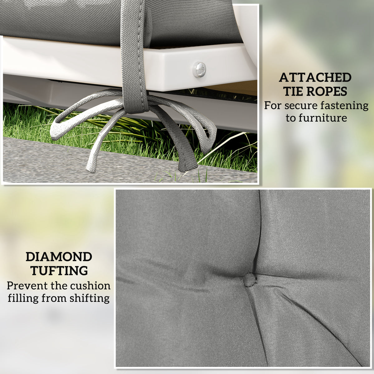 Gray bench cushion detail showing fastening ties and diamond tufting.