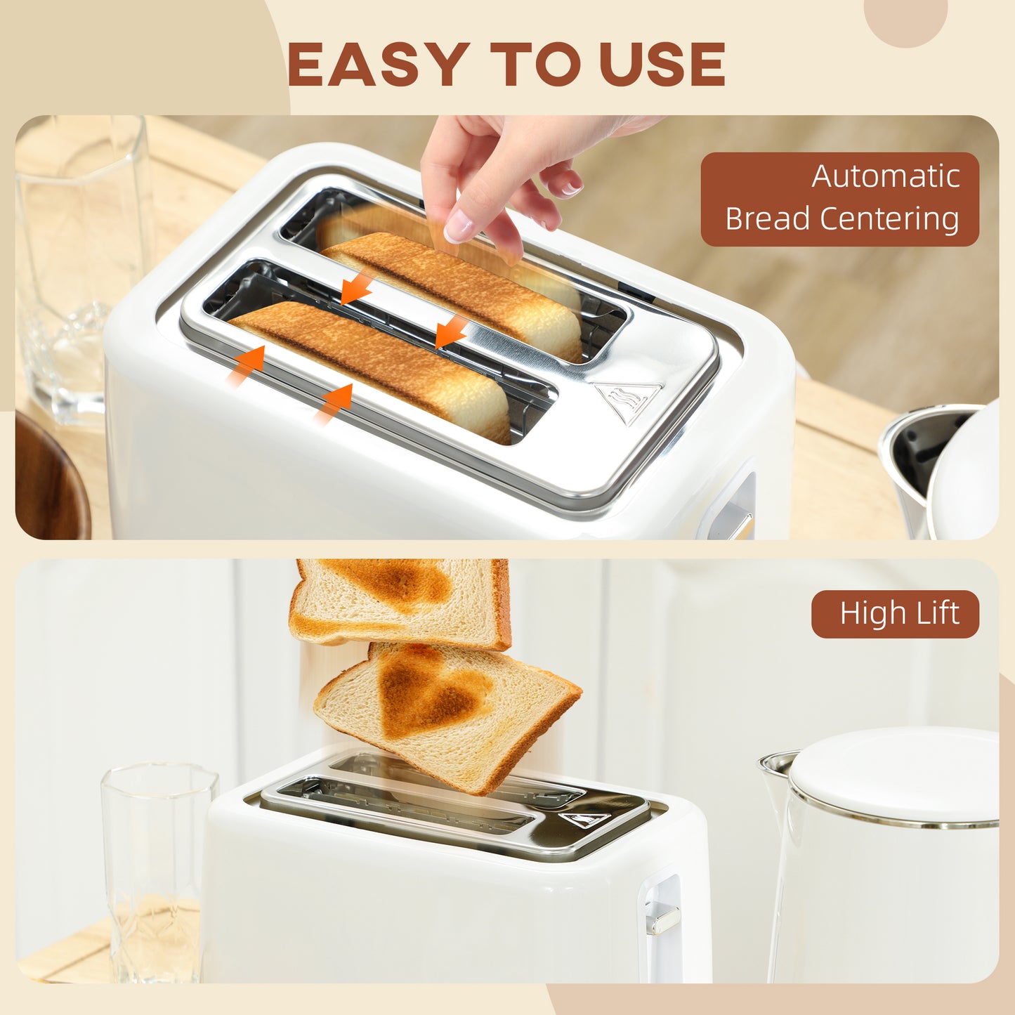 HOMCOM Polished Stainless Steel Kettle and Toaster Set - White