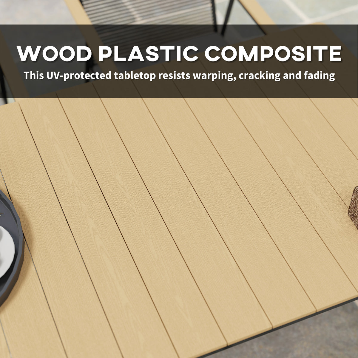 Outsunny table close-up showing the light wood-look composite tabletop and narrow planks