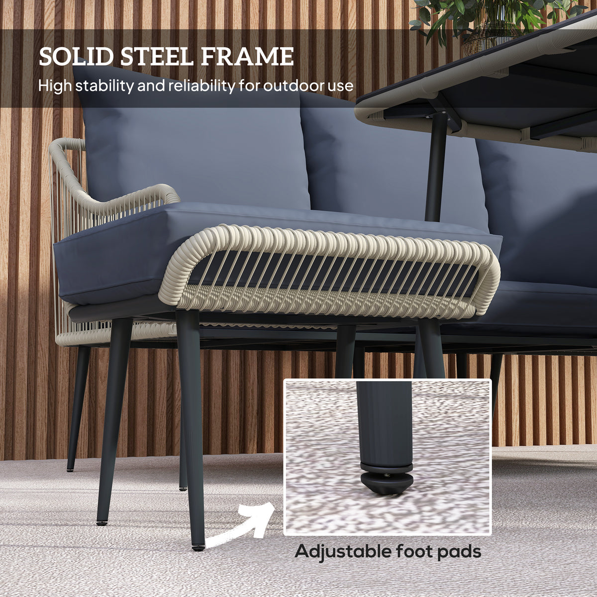 Garden sofa set detail showing woven rattan sides, steel frame and adjustable foot pads