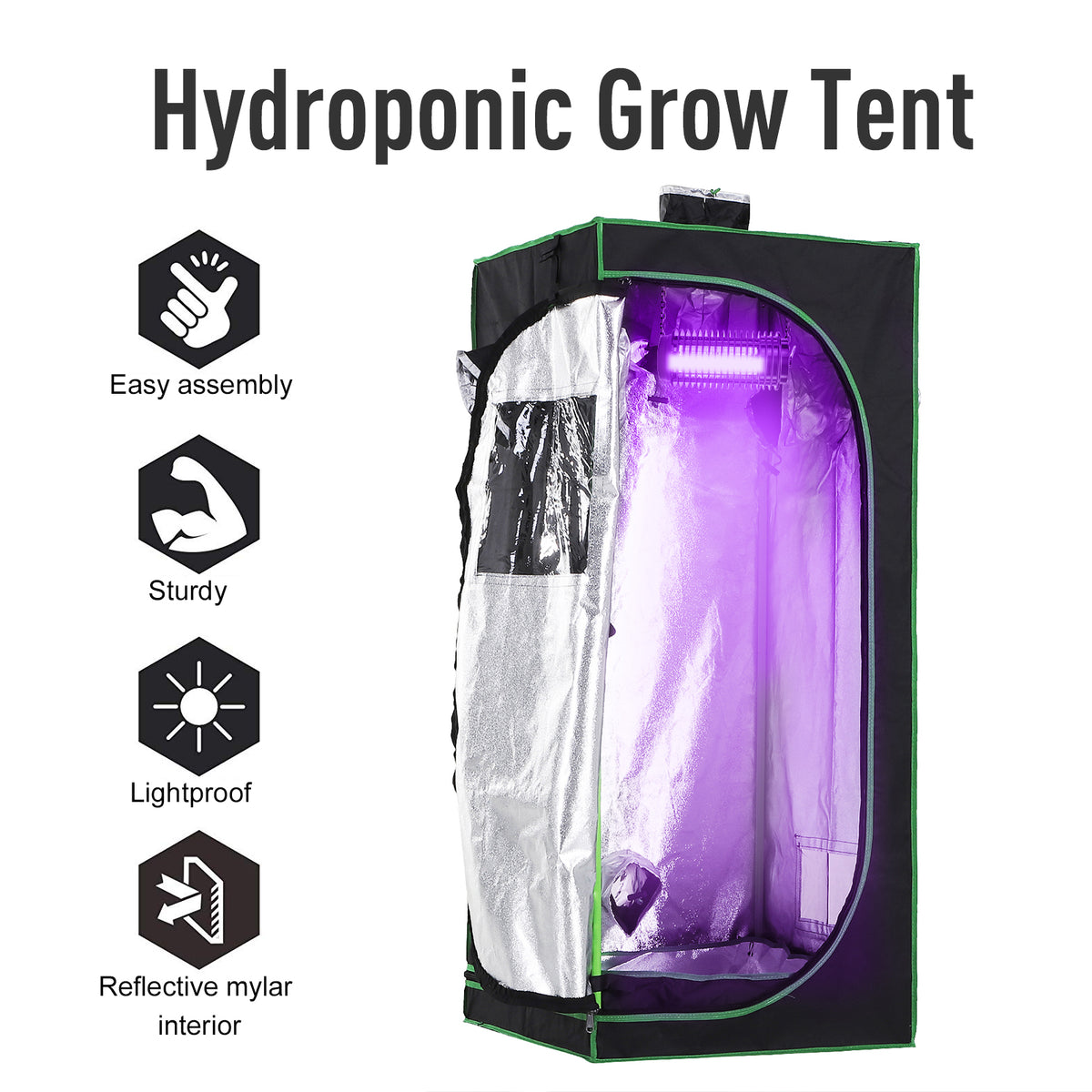 Open grow tent reveals reflective silver lining and interior grow light