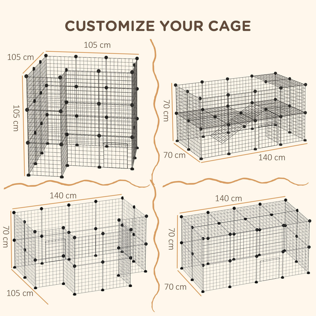 Wire playpen arranged in four customizable enclosure layouts