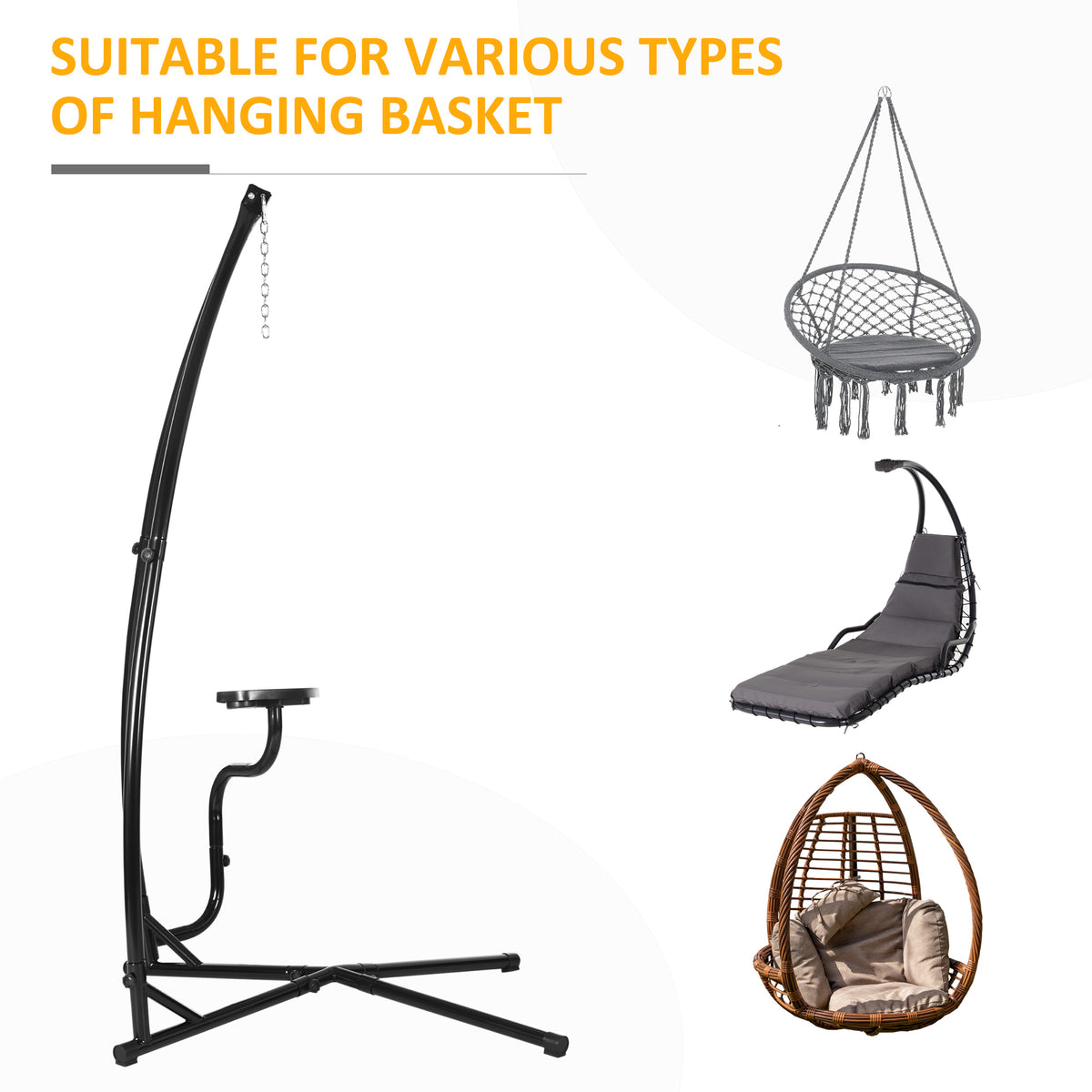 Black metal hammock chair stand shown with compatible hanging chairs and loungers