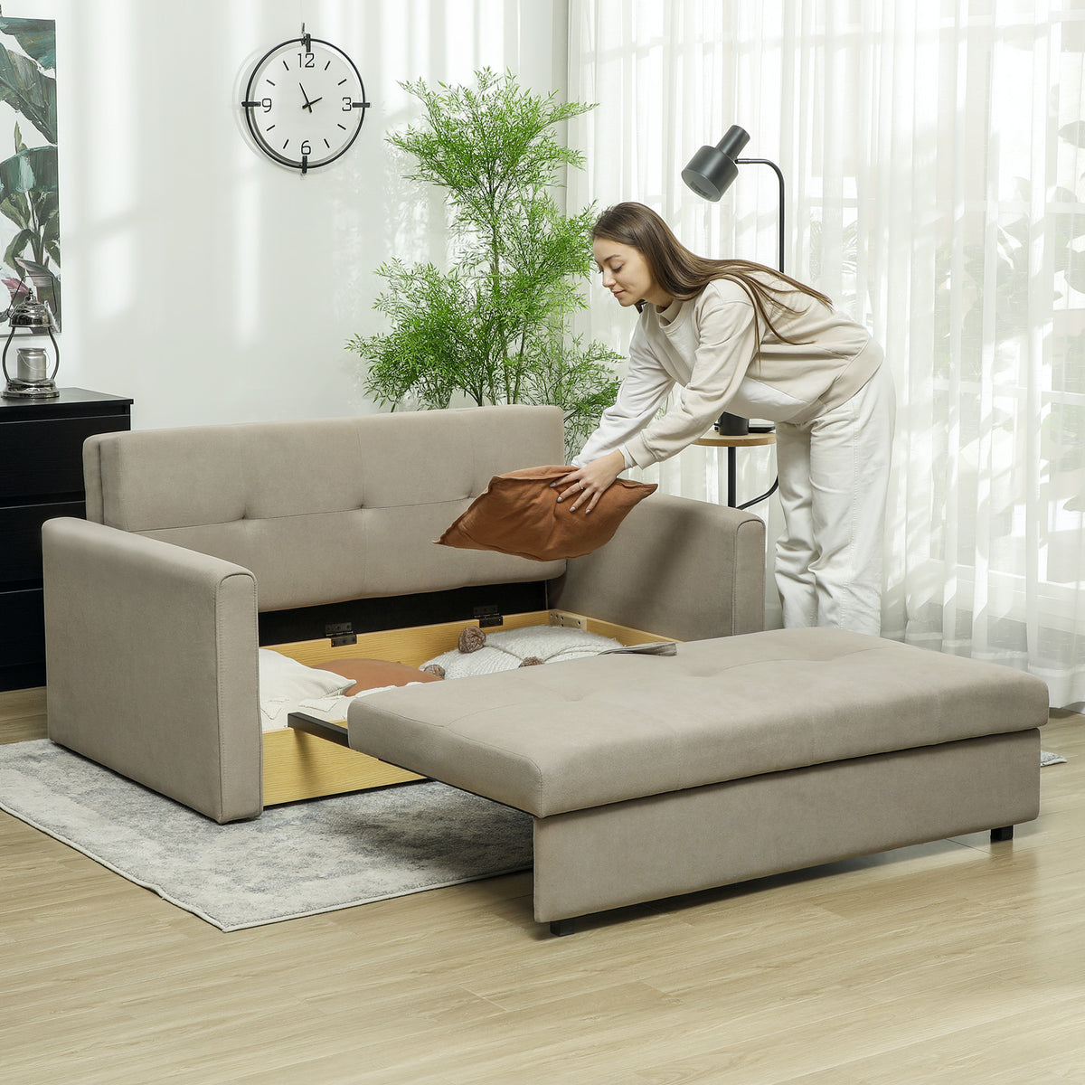 HOMCOM 2 Seater Sofa Bed with Hidden Storage, Pull Out Convertible Bed Settee, Modern Snow Flannel Loveseat Sofa Sleeper with 2 Cushions for Living Room, Guest Room, Light Brown