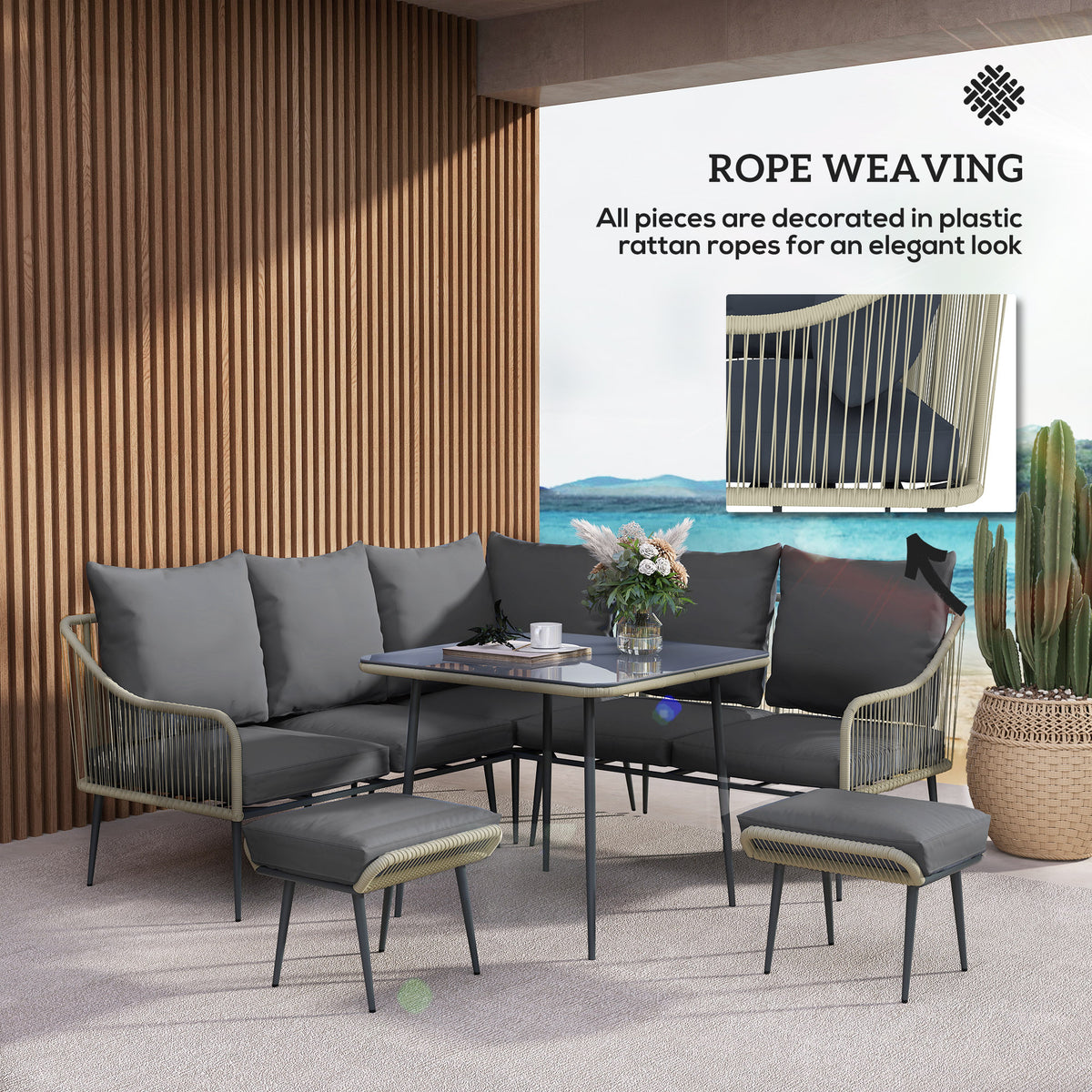 Grey rattan garden sofa set with rope-woven sides, glass table and two stools