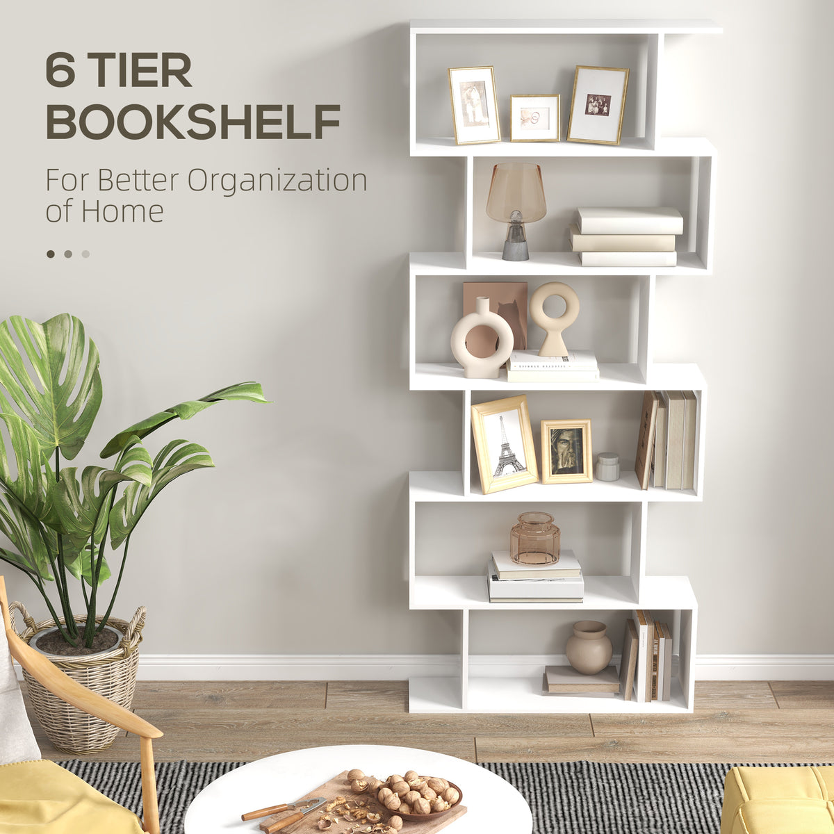 HOMCOM white six-tier S-shaped bookcase styled with books and decor