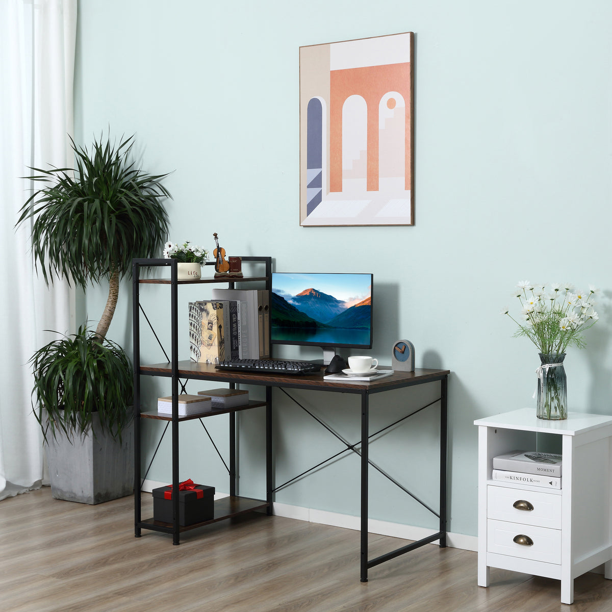 Computer desk with side storage shelves, monitor, and rustic brown worktop