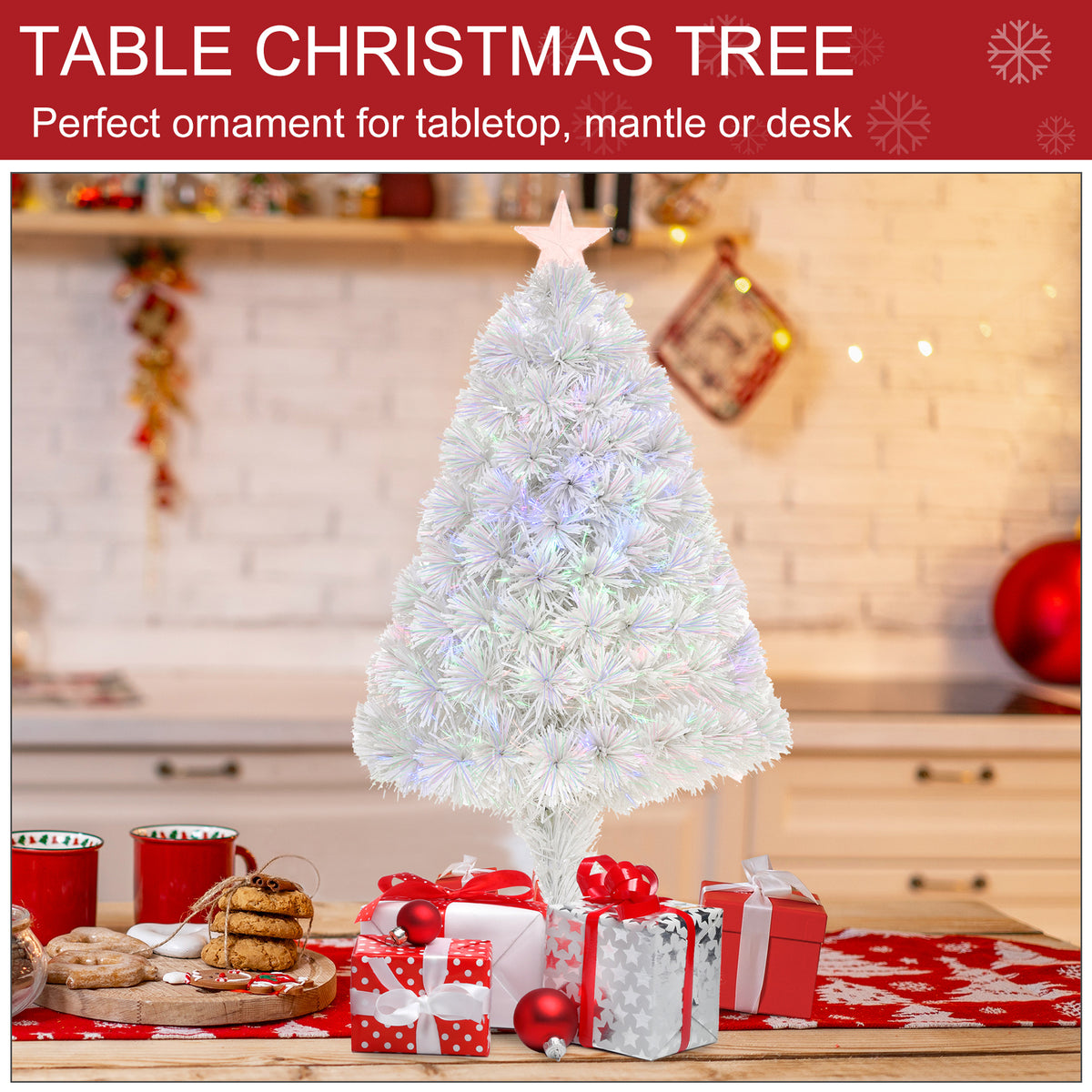 White pre-lit tabletop Christmas tree with star topper and multicolour fibre-optic lights.