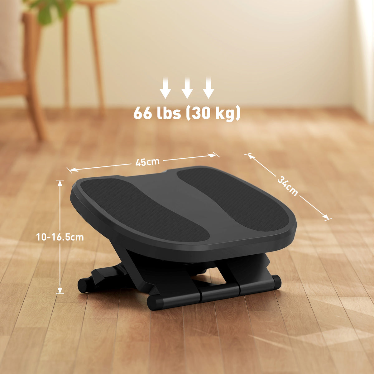 HOMCOM adjustable footrest shown with platform dimensions and height range