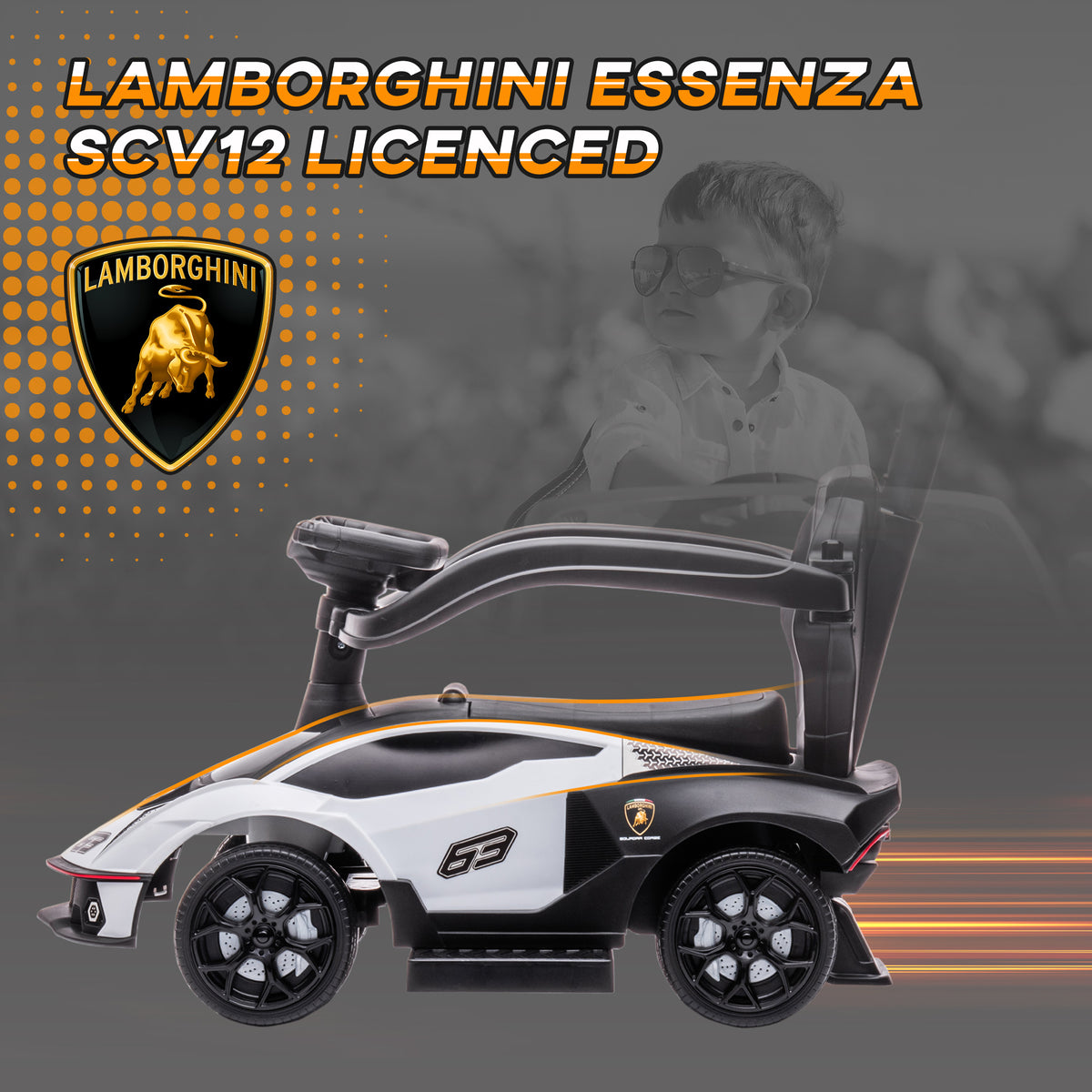 AIYAPLAY Lamborghini Essenza SCV1 Licensed 2 in 1 Kids Ride on Push Car Toddler Push Along Car with Parent Handle Foot To Floor Slider with Horn Steering Wheel NO POWER for 1 - 3 Years, White