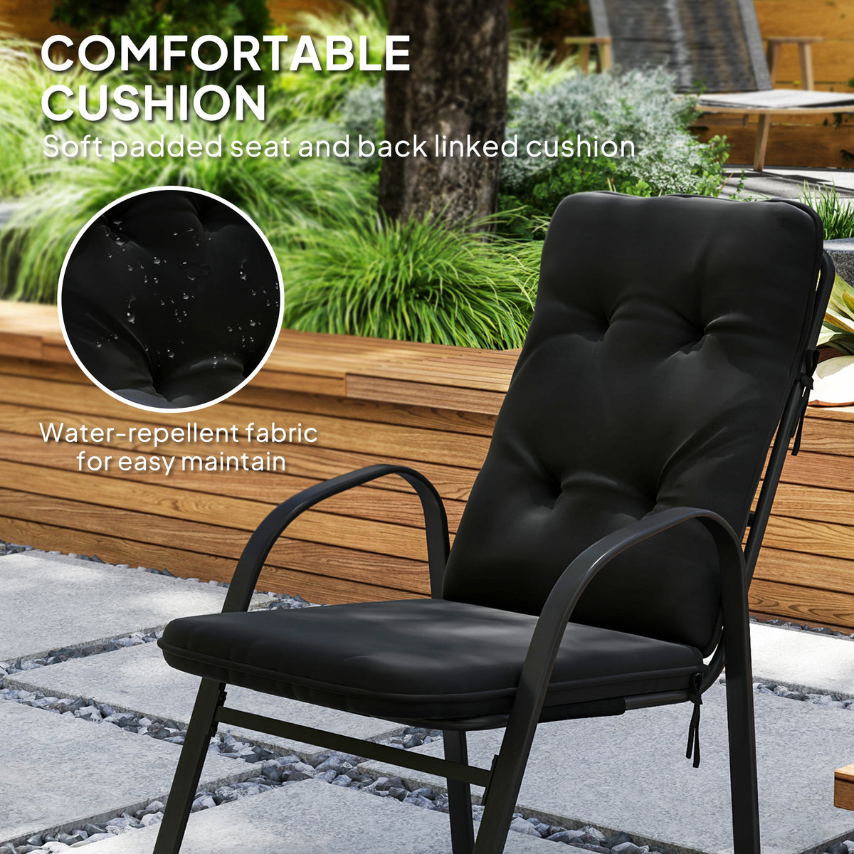 Black padded armchair with tufted, water-repellent seat and back cushion