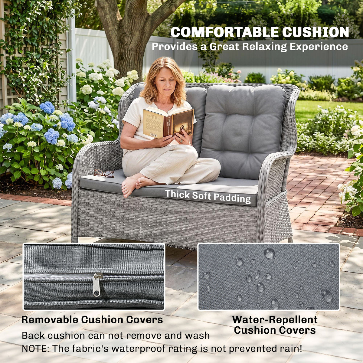Gray wicker loveseat with thick removable, water-repellent cushion covers