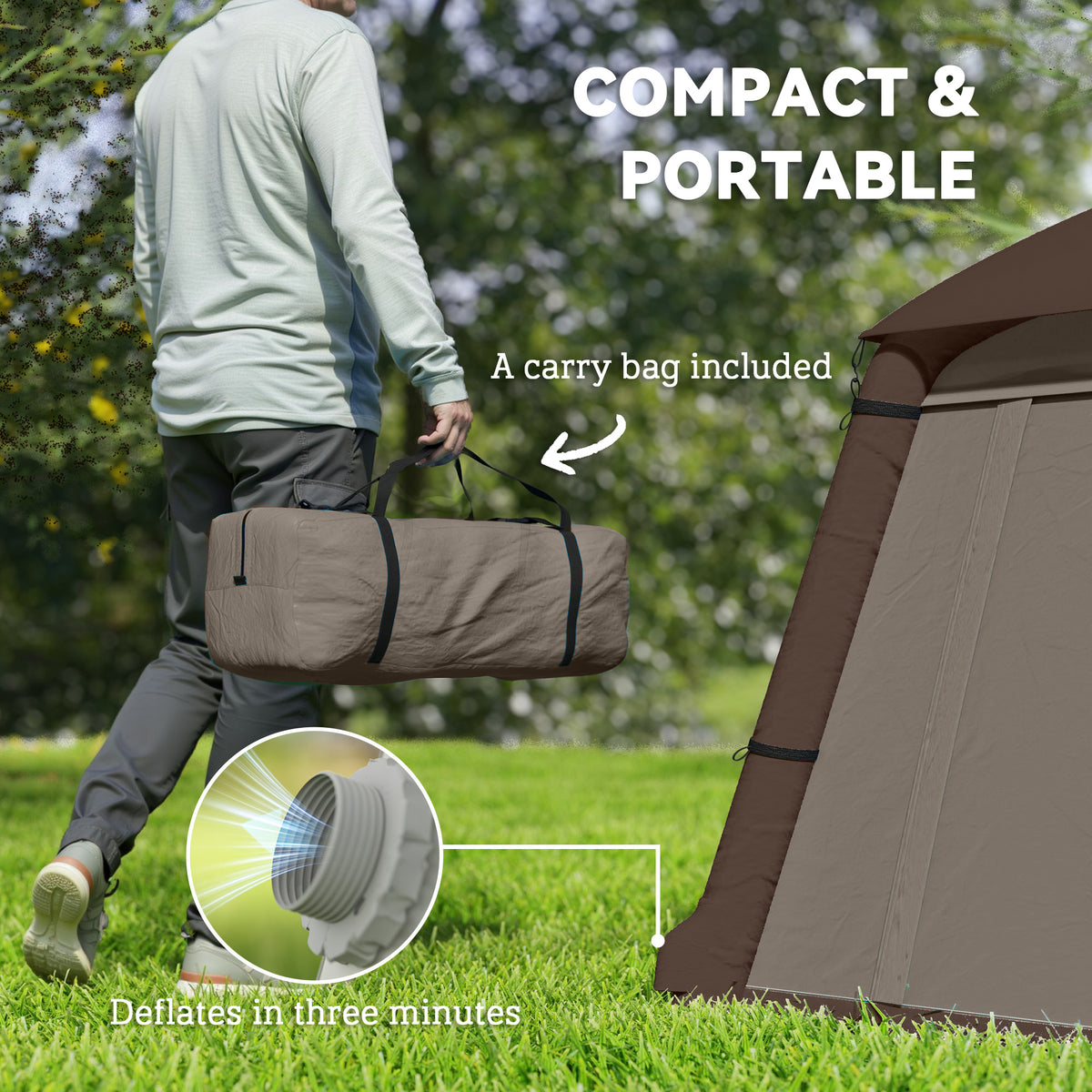Outsunny Inflatable Camping Tent with Hand Pump, Easy Setup 1/2 Person Blackout Blow Up Tent, Khaki