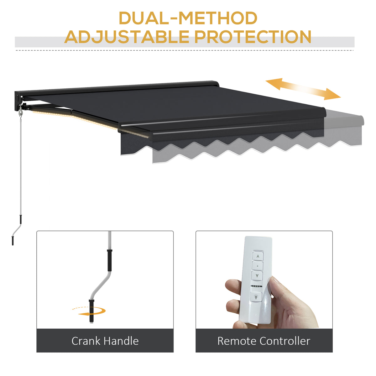 Grey retractable awning with LED strip, adjustable extension, crank handle and remote control