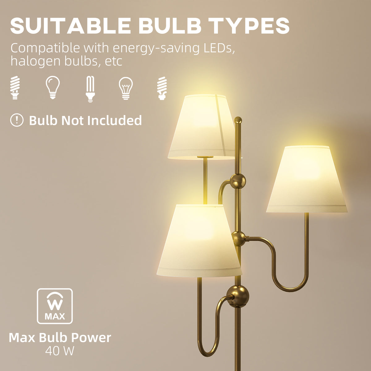 HOMCOM Floor Lamp, 165 cm Tall Standing Lamp with 3 Light and Foot Switch for Living Room, Bedroom, Bedside, Office, E27 Base Without Bulb (40W Max)