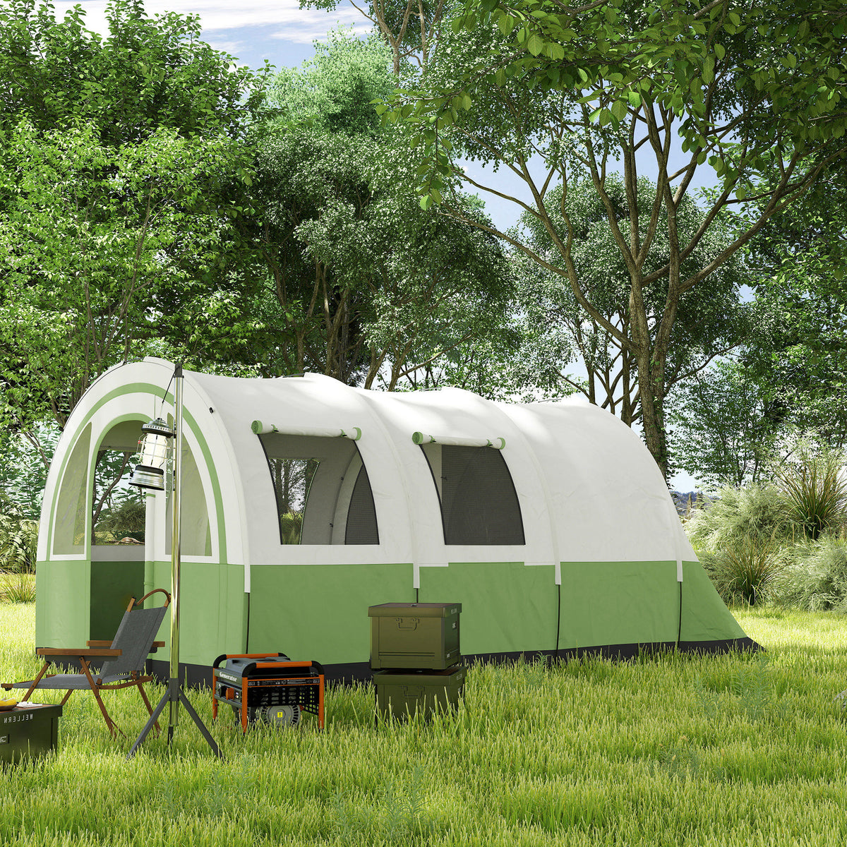 Outsunny Three Man Duo Room Tunnel Tent, with Accessories - Cream/Green