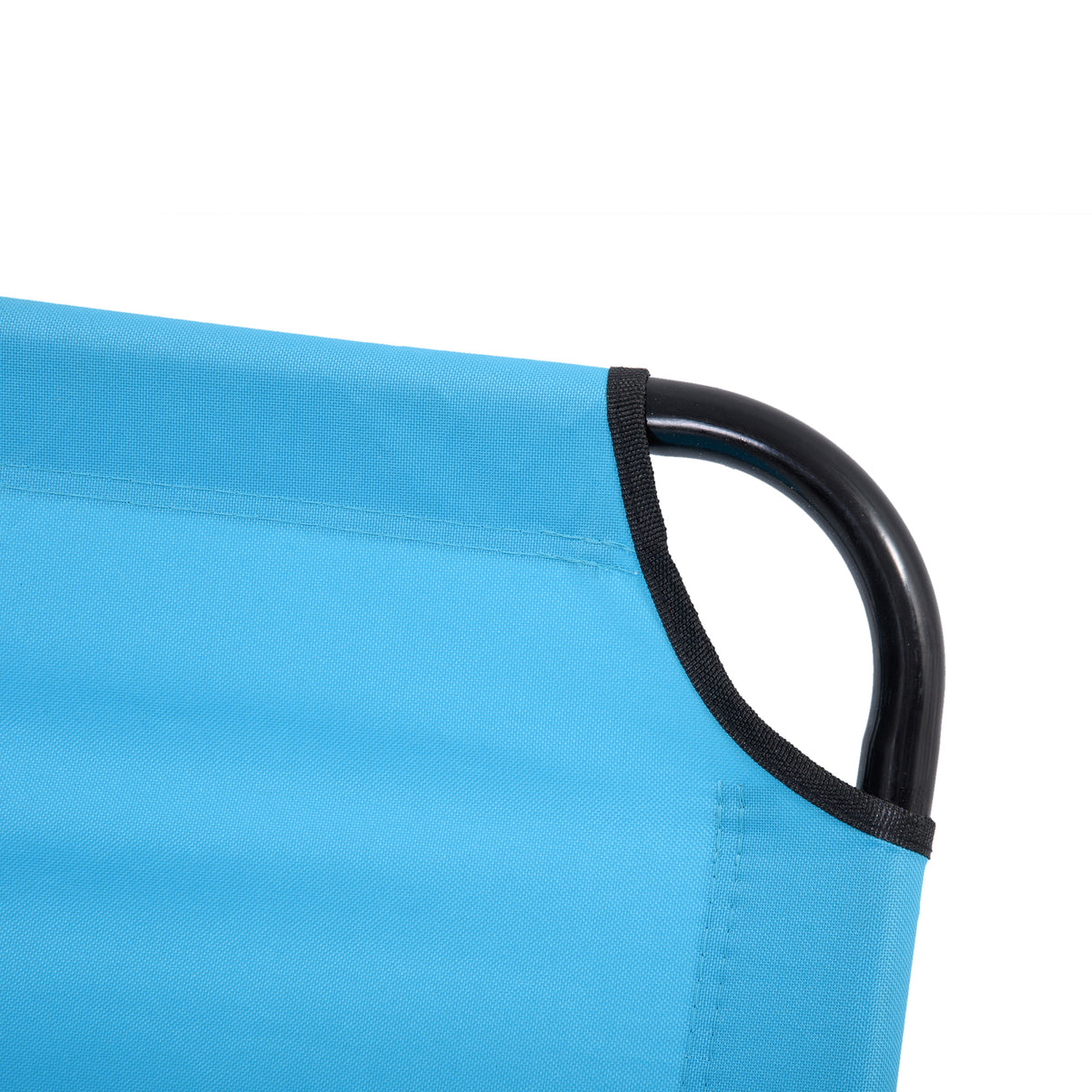 Close-up of the lounger’s blue fabric edge and curved black frame.