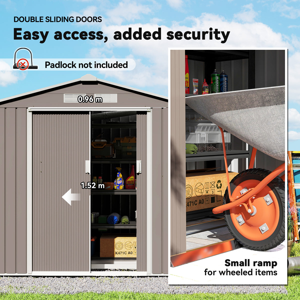 Outsunny shed with sliding doors open, showing storage space and a low access ramp