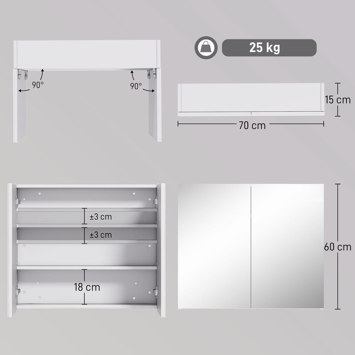 White wall-mounted bathroom cabinet shown with 70 x 15 x 60 cm dimensions