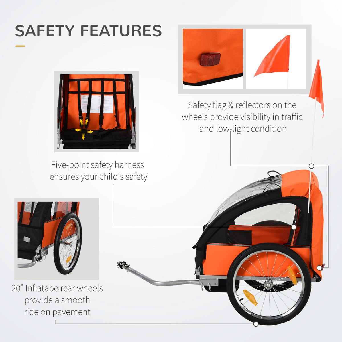 HOMCOM orange and black bike trailer with five-point harness, reflector, safety flag, and inflatable wheels