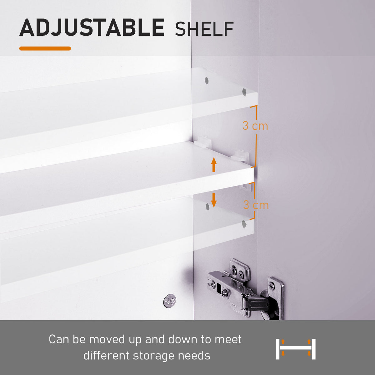 Adjustable shelf inside a white bathroom cabinet, with 3 cm height increments