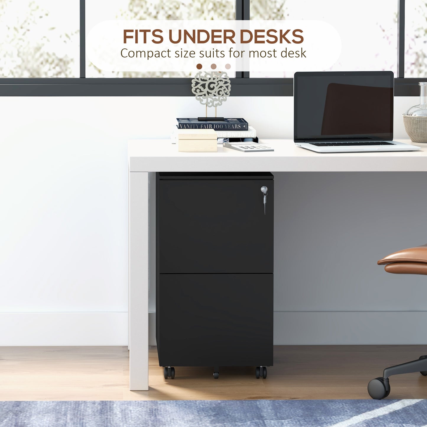 Vinsetto 2-Drawer Filing Cabinet with Lock and 5 Wheels, Steel Mobile File Cabinet, for A4, Legal and Letter Size, Pre-Assembled Body, Black