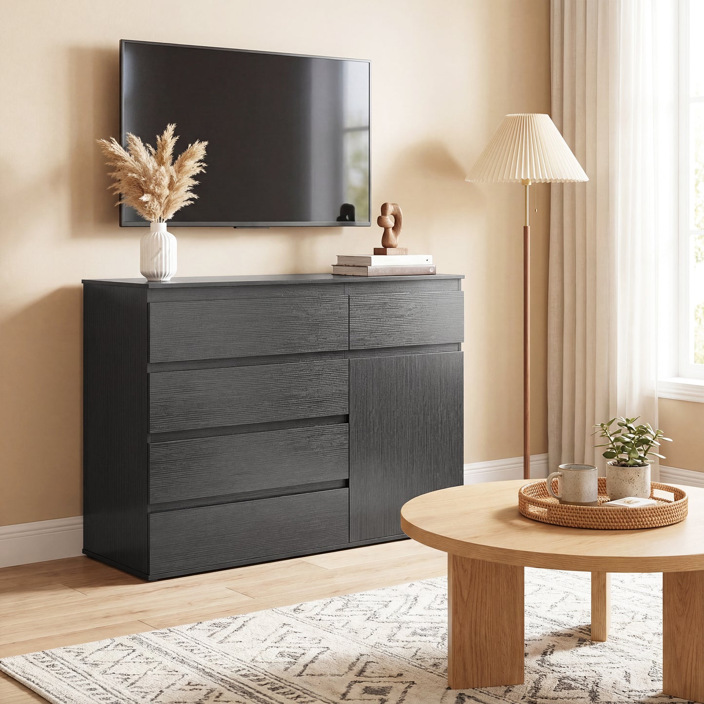 HOMCOM Modern Chest Of Drawers, 5 Drawer Dresser with Adjustable Shelf, Soft-Close Door, Black