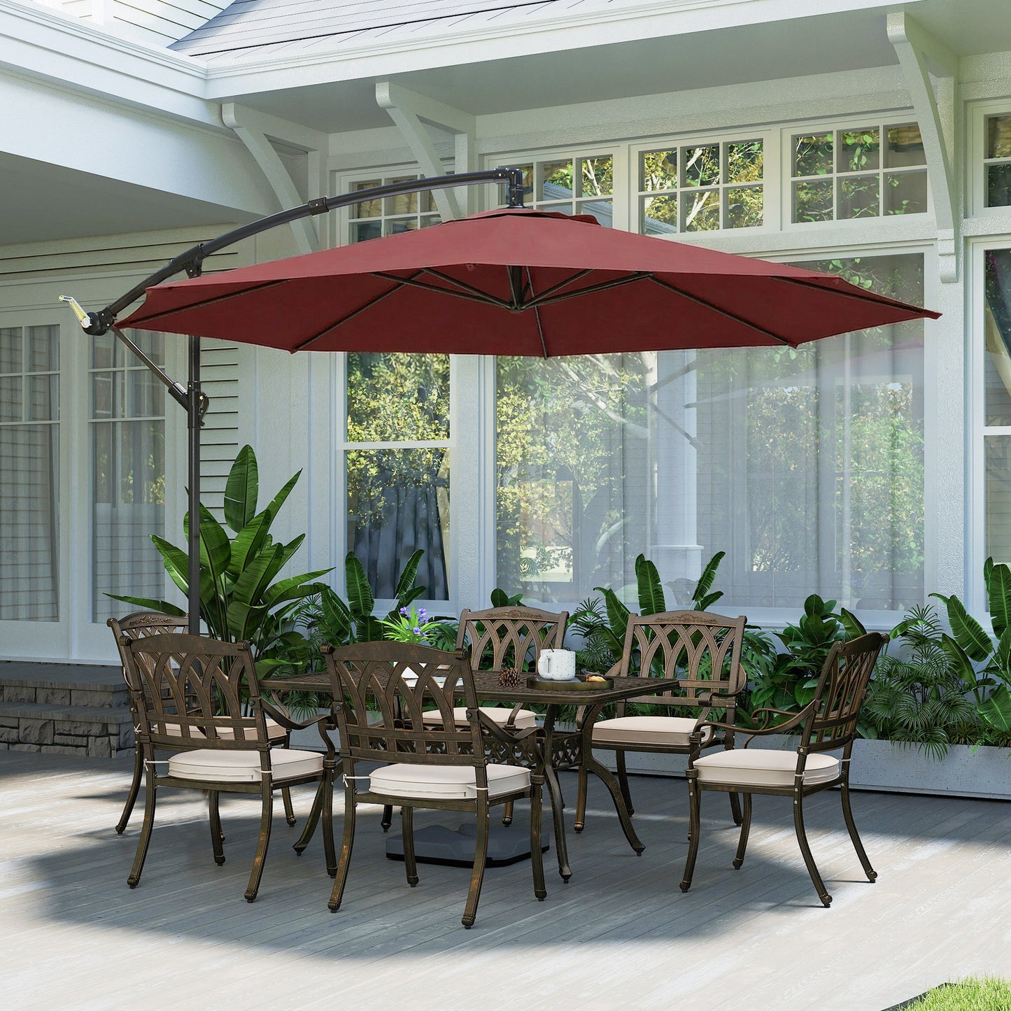 Outsunny 3 m Overhanging Cantilever Parasol, with Cross Base - Wine Red