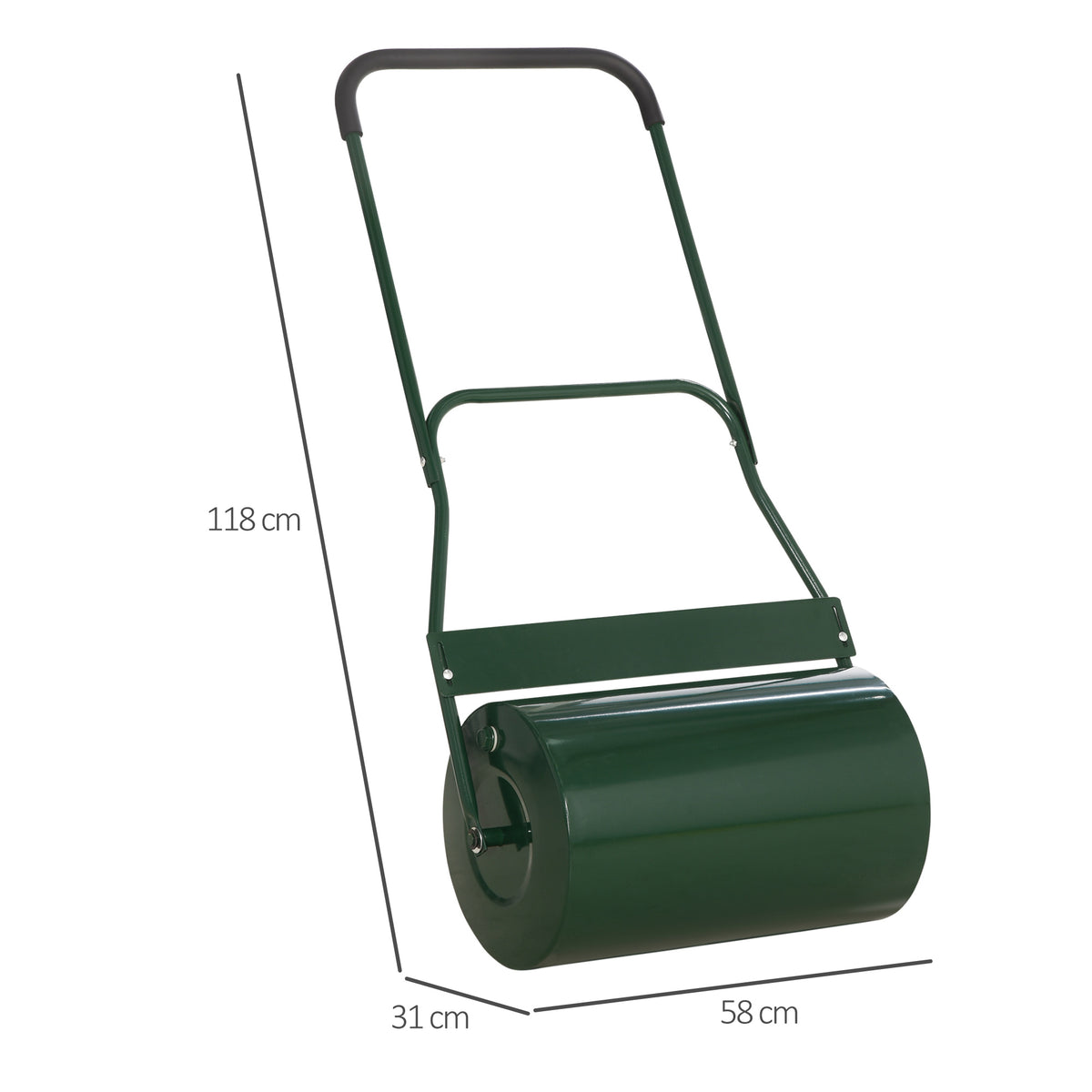 Dark green metal lawn roller measuring 118 cm tall and 58 cm wide