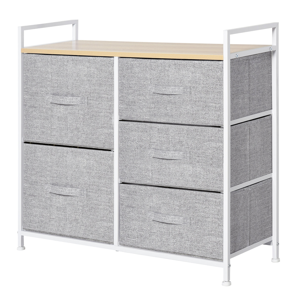 Five-drawer fabric storage unit with gray drawers, white metal frame, and wood-look top