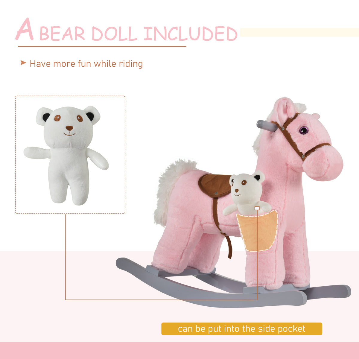 Pink plush rocking horse with a removable bear doll that fits in a side pocket