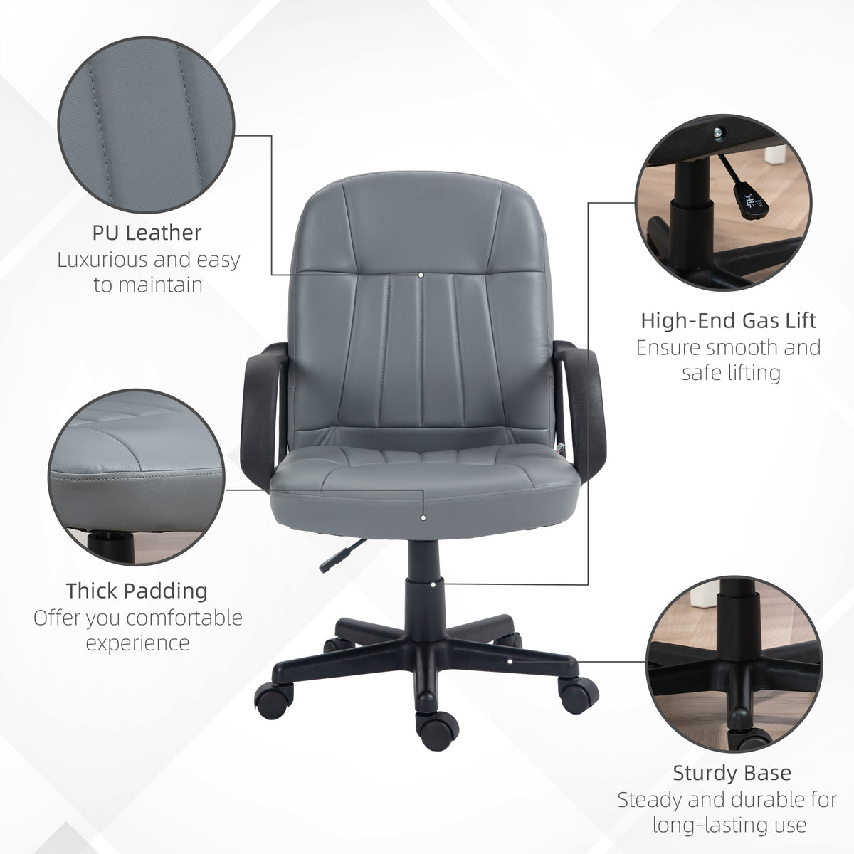 Grey PU leather office chair with thick padding, gas lift, and sturdy wheeled base