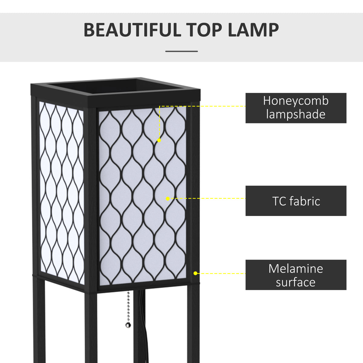 Black floor lamp shade with honeycomb-patterned fabric panels