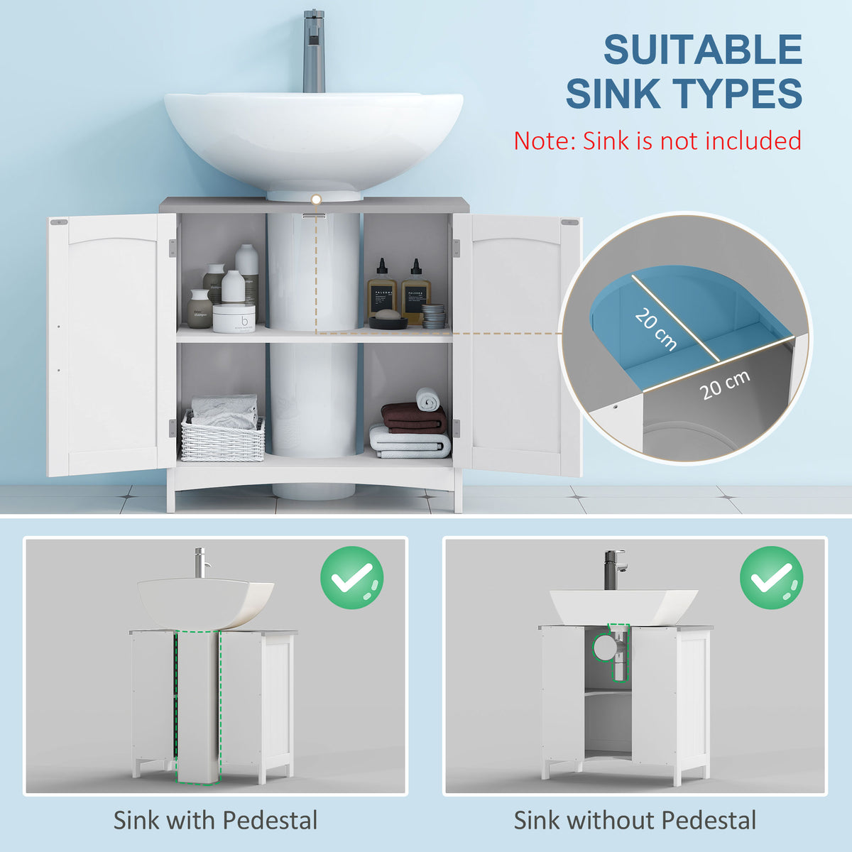 White under-sink cabinet with adjustable shelves and double doors, shown with a pedestal sink.
