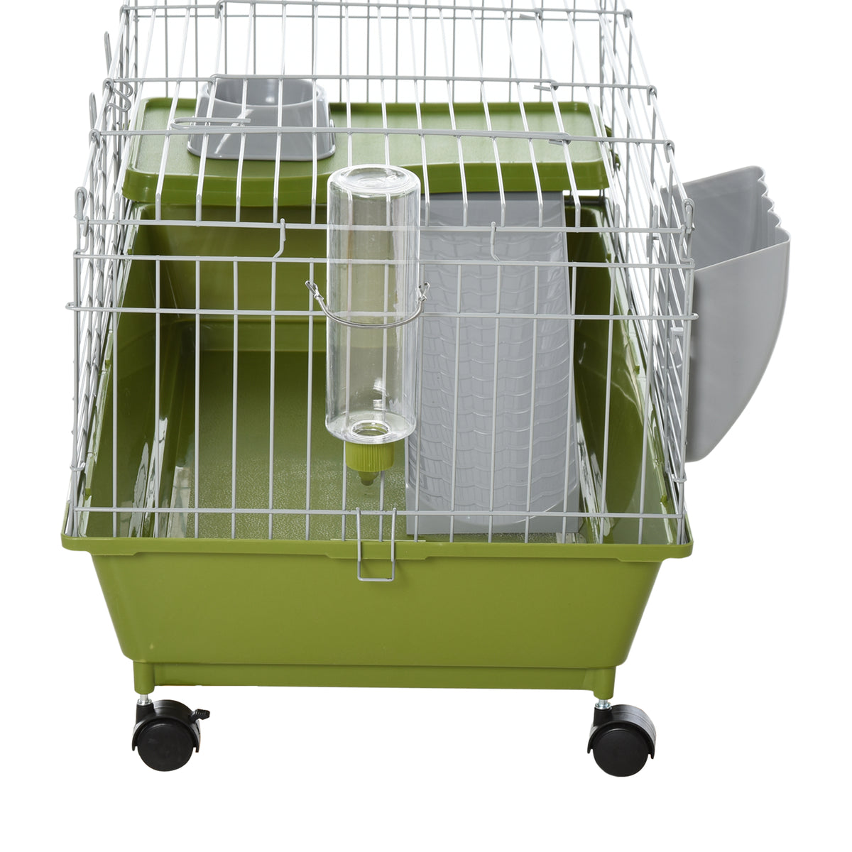 PawHut Small Animal Cage with Wheels, Water Bottle, Food Dish, & Platform Ramp Green