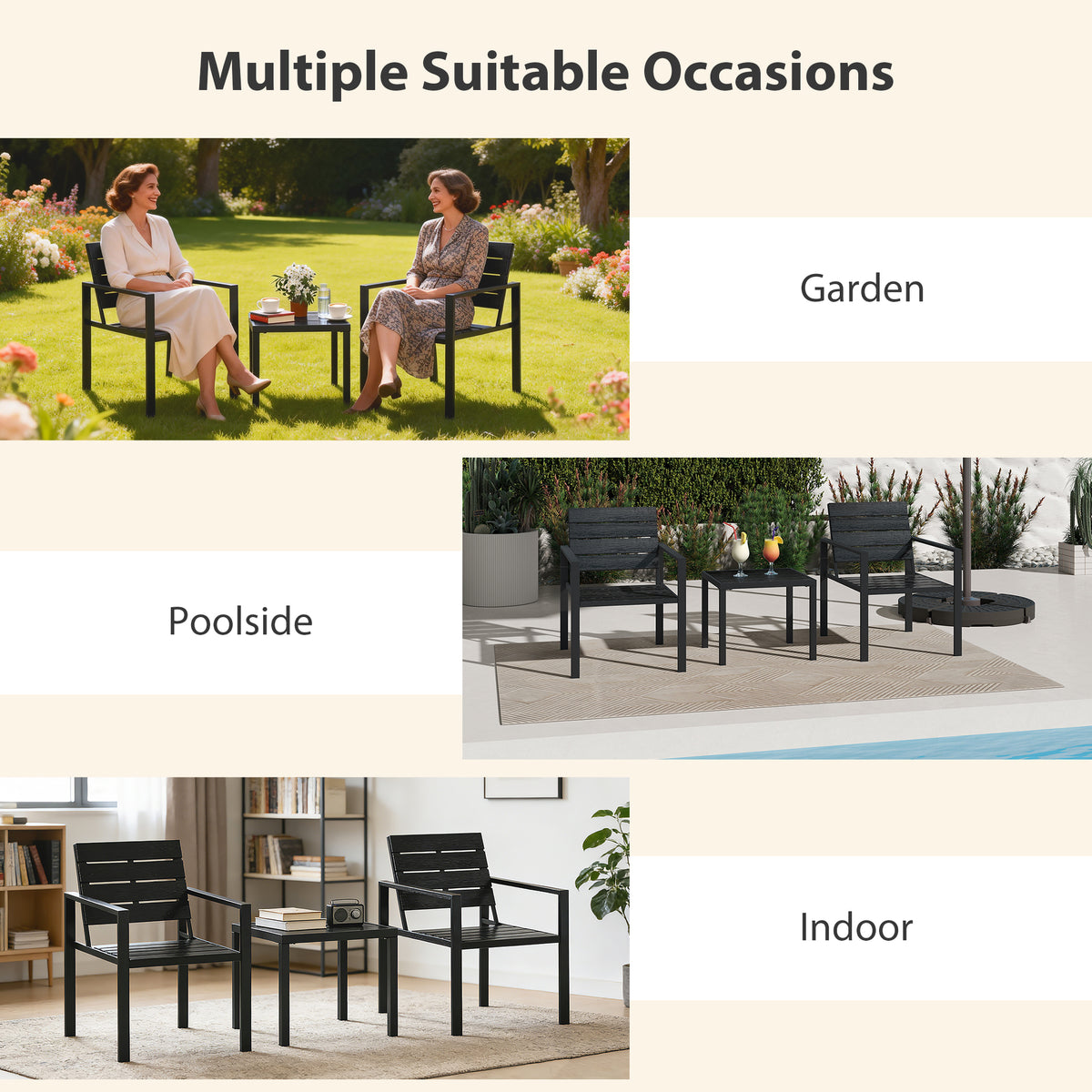 Outsunny 3 Pieces Garden Bistro Set for 2, Outdoor Bistro Table and Chairs with Metal Frame, Plastic Patio Furniture Set