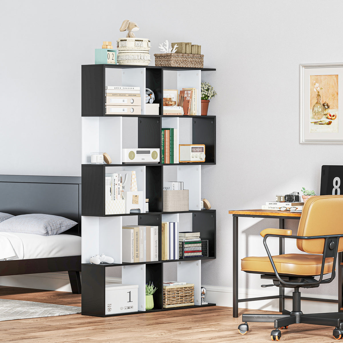 Black and white five-tier bookcase with staggered open storage compartments