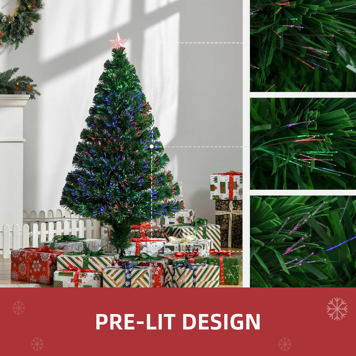 HOMCOM pre-lit artificial Christmas tree with multicolor fiber-optic lights and star topper
