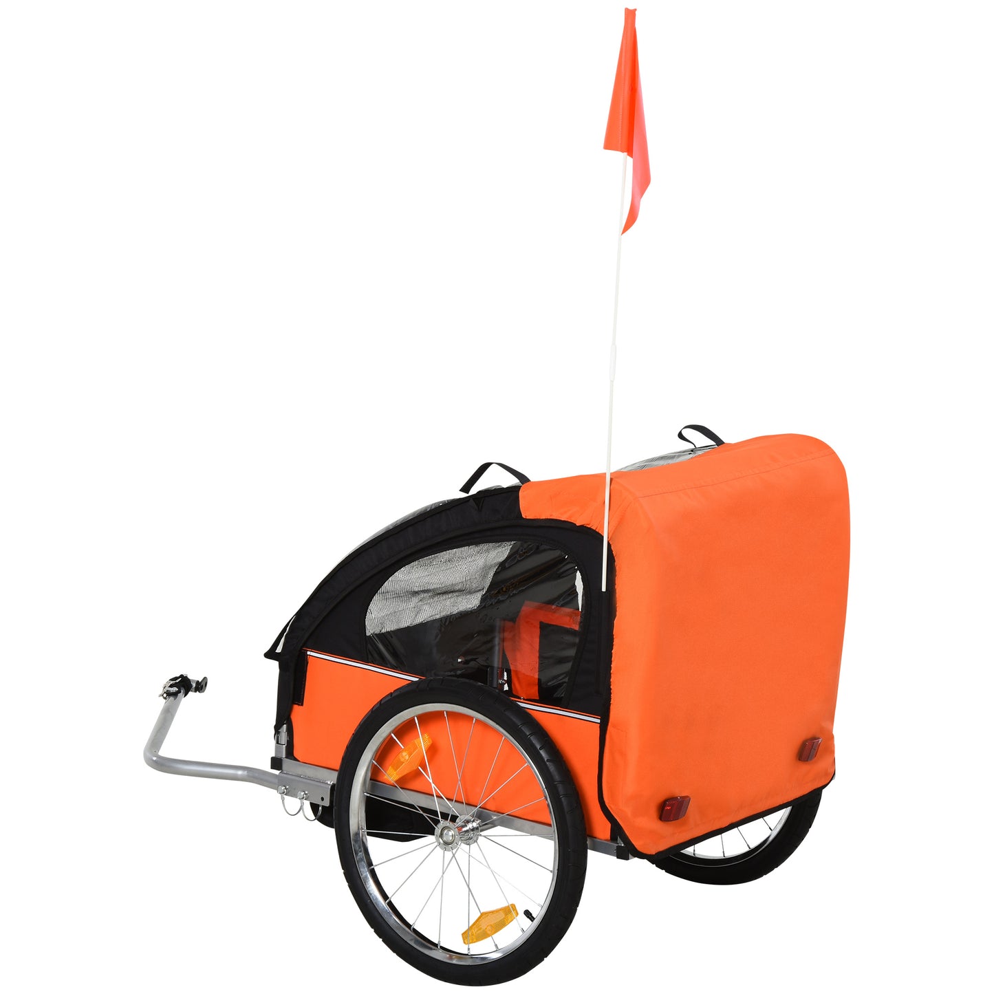 HOMCOM orange and black bike trailer shown from the rear with covered back, clear side canopy, and tow bar