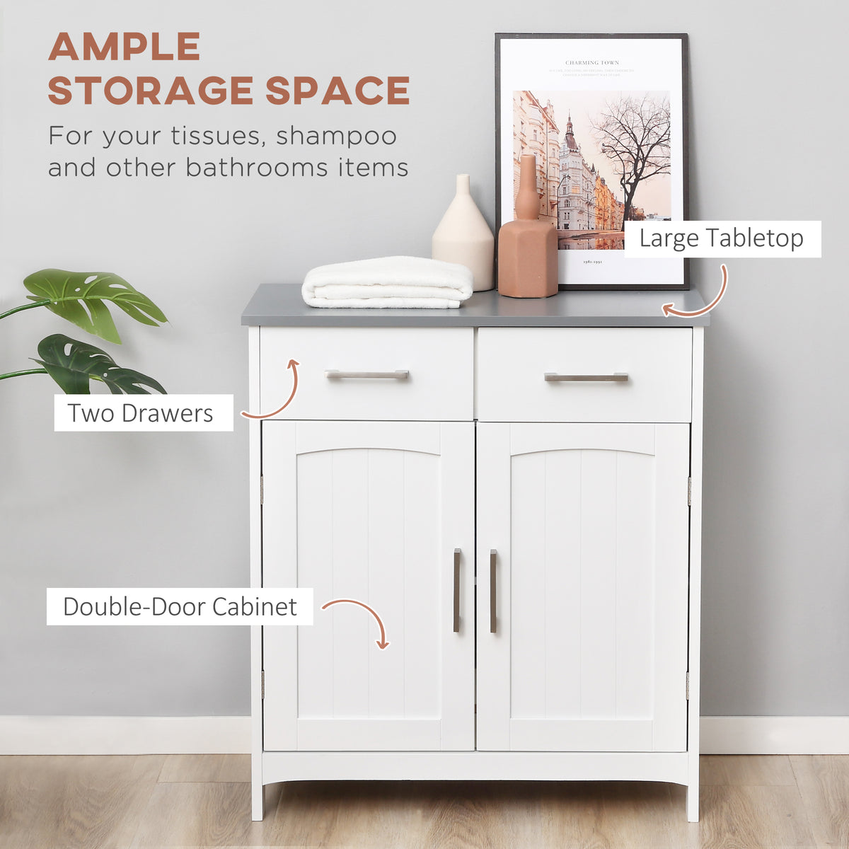 White bathroom storage cabinet with two drawers, double doors, and a wide tabletop